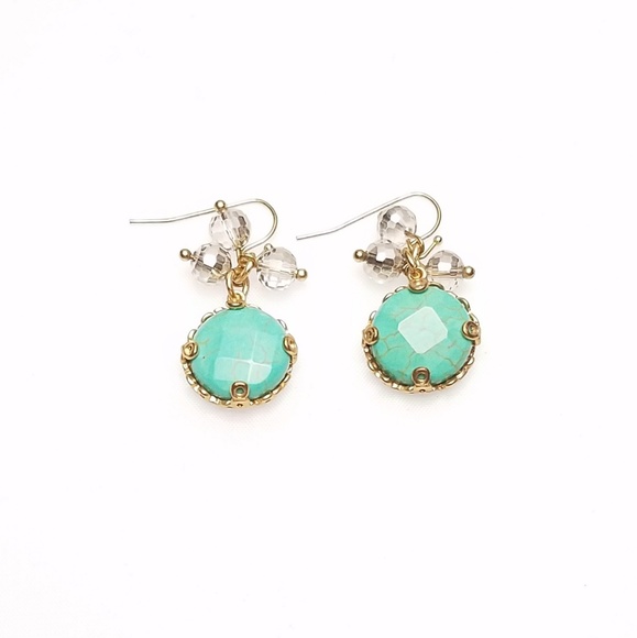 Faux Green Turquoise Cluster Bead Gold Earrings - Picture 2 of 4